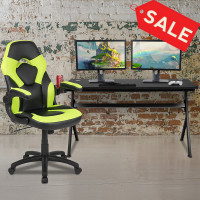 Flash Furniture BLN-X10D1904L-GN-GG Gaming Desk and Green/Black Racing Chair Set /Cup Holder/Headphone Hook/Removable Mouse Pad Top - 2 Wire Management Holes